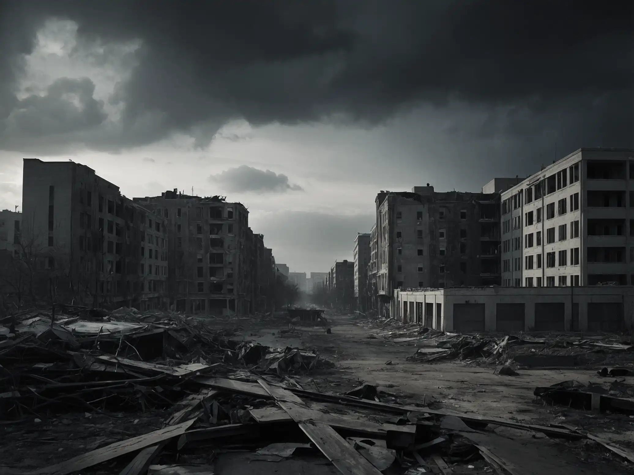 A dark, apocalyptic city street lined with dilapidated, abandoned buildings, stormy sky overhead, and debris scattered around.